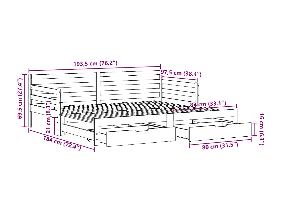 Sofá-cama com gavetão e gavetas sem colchão 90x190 cm branco