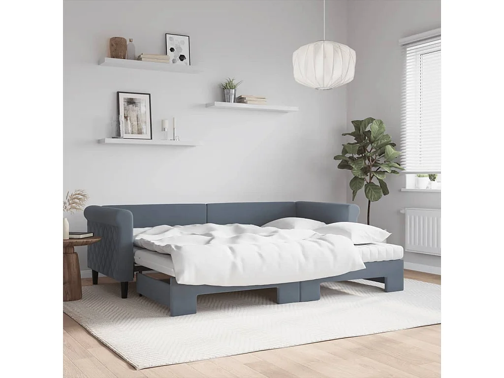 Lit de jour avec gigogne et matelas gris foncé 80x200cm velours