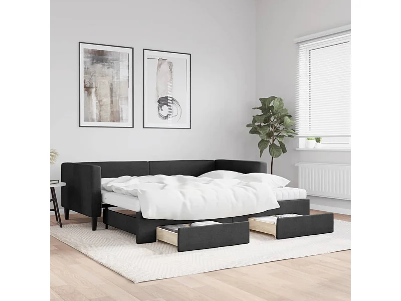 Divano Letto Estraibile con Cassetti Nero 90x190 cm in Tessuto