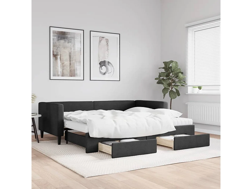 Divano Letto Estraibile con Cassetti Nero 90x190 cm in Tessuto