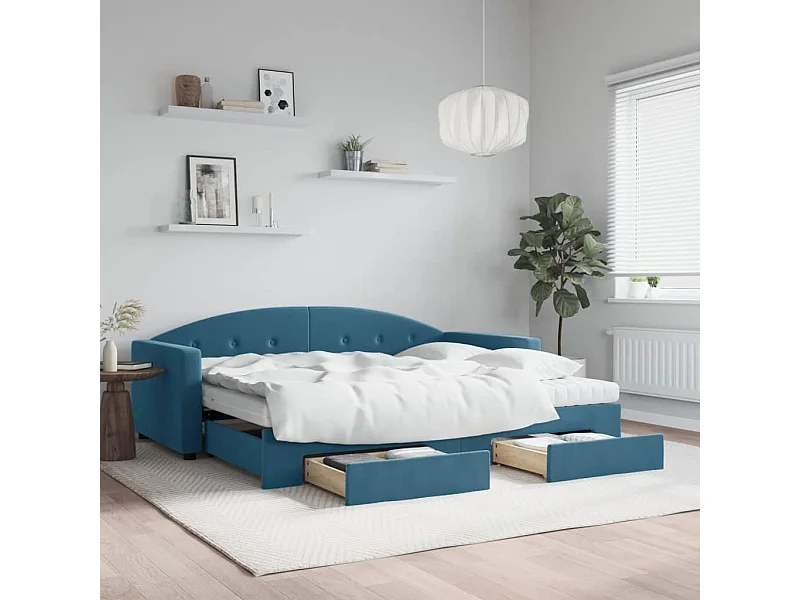 Slaapbank met onderschuifbed en lades 90x200 cm fluweel blauw