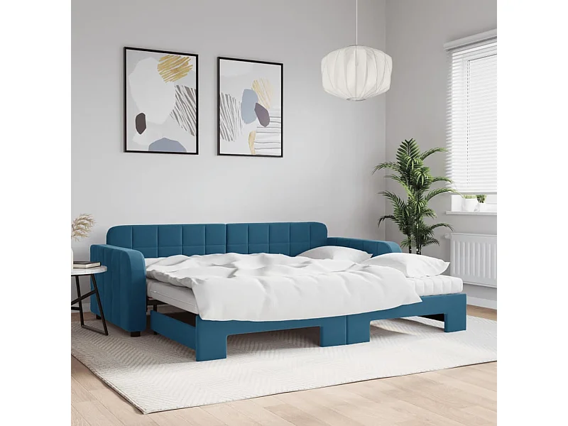 Slaapbank onderschuifbed en matrassen 90x200 cm fluweel blauw