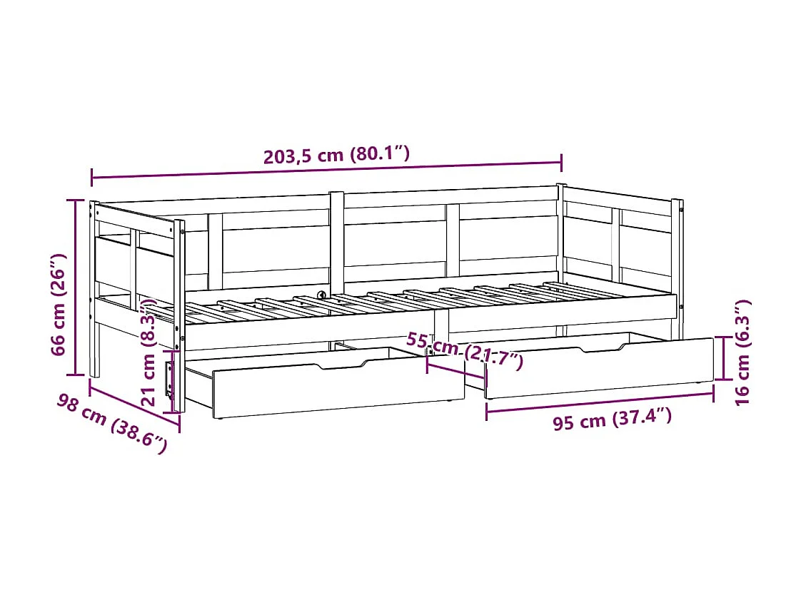 Dormeuse con Cassetti Bianco 90x200 cm Legno Massello di Pino