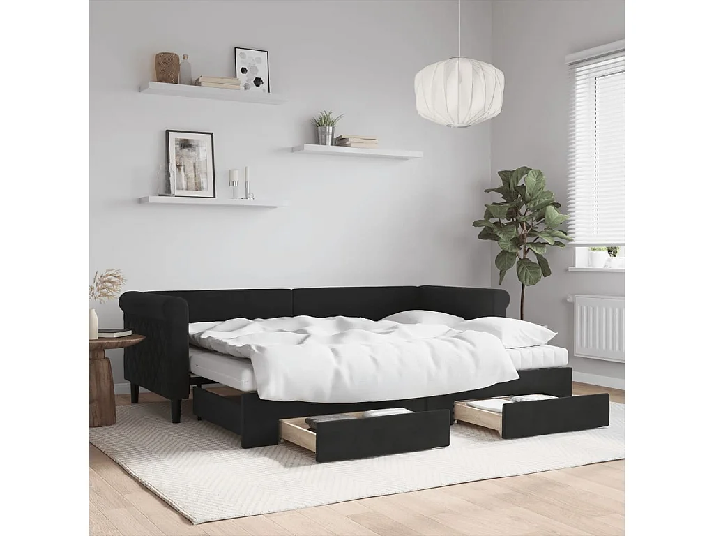 Divano Letto Estraibile con Cassetti Nero 80x200 cm in Velluto