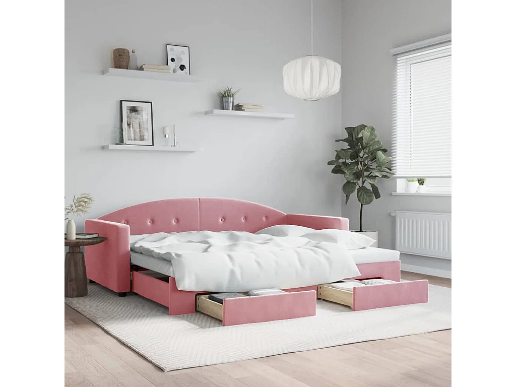 Sofá-cama com gavetão e gavetas 90x200 cm veludo rosa