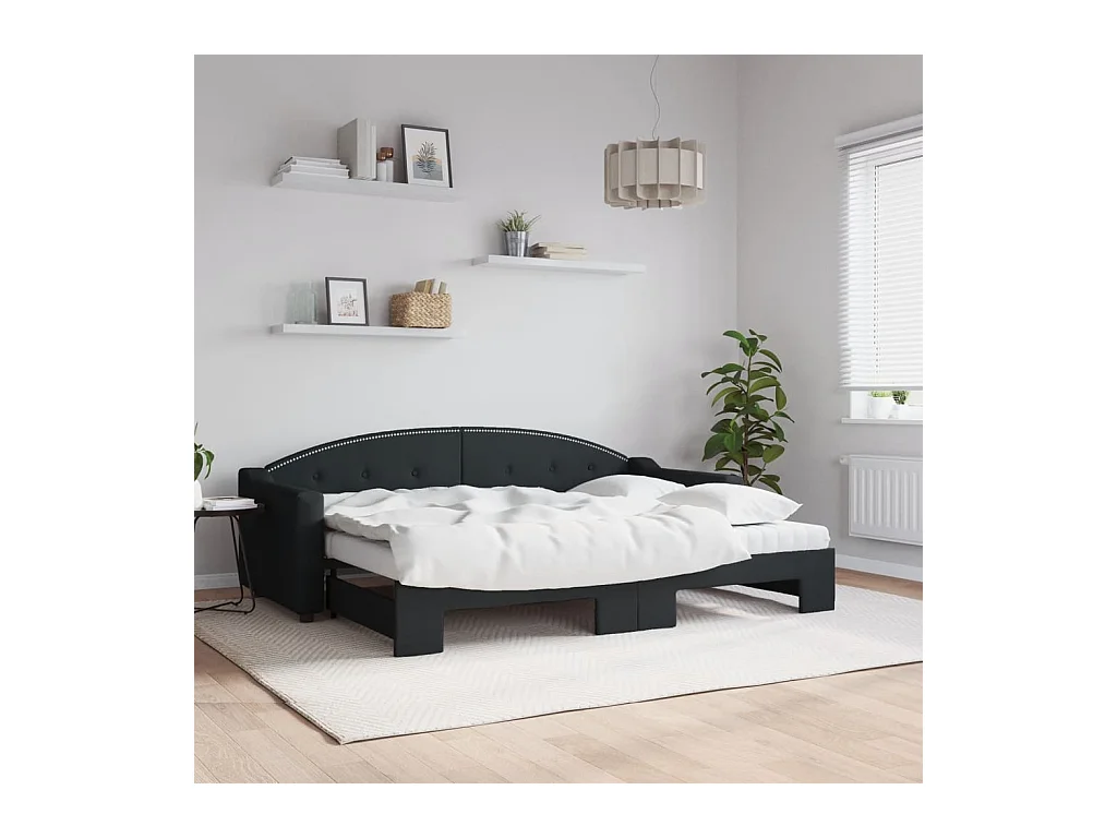 Slaapbank met onderschuifbed en matrassen 80x200 cm stof zwart