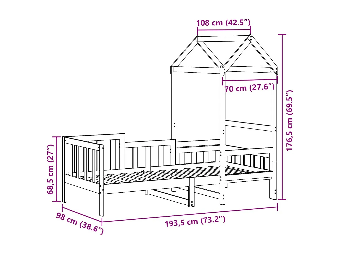 Sofá-cama c/ telhado 90x190 cm madeira de pinho maciça branco