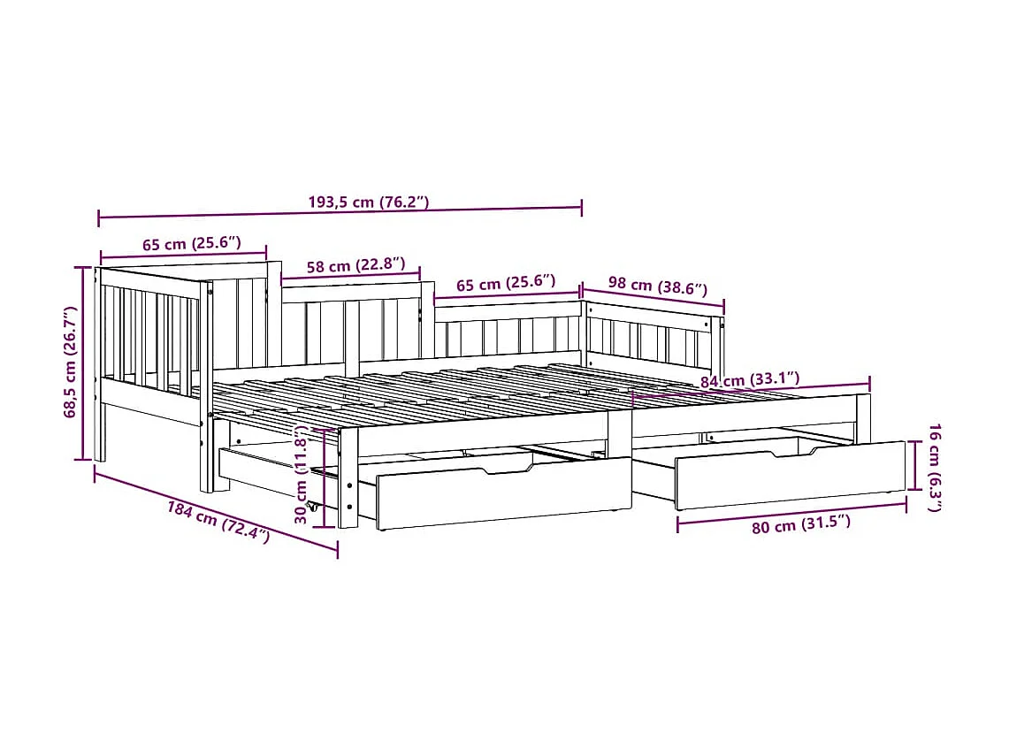 Lit de jour avec gigogne et tiroirs sans matelas blanc 90x190cm