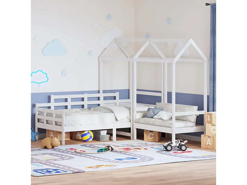 Conj. sofá-cama e banco c/ telhado 90x200cm pinho maciço branco