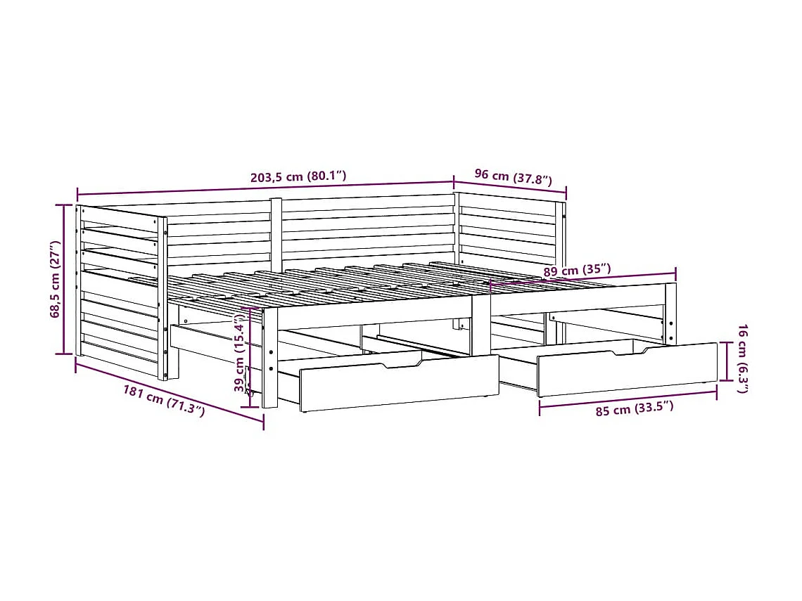 Dormeuse con Cassetti Bianco 90x200 cm Legno Massello di Pino
