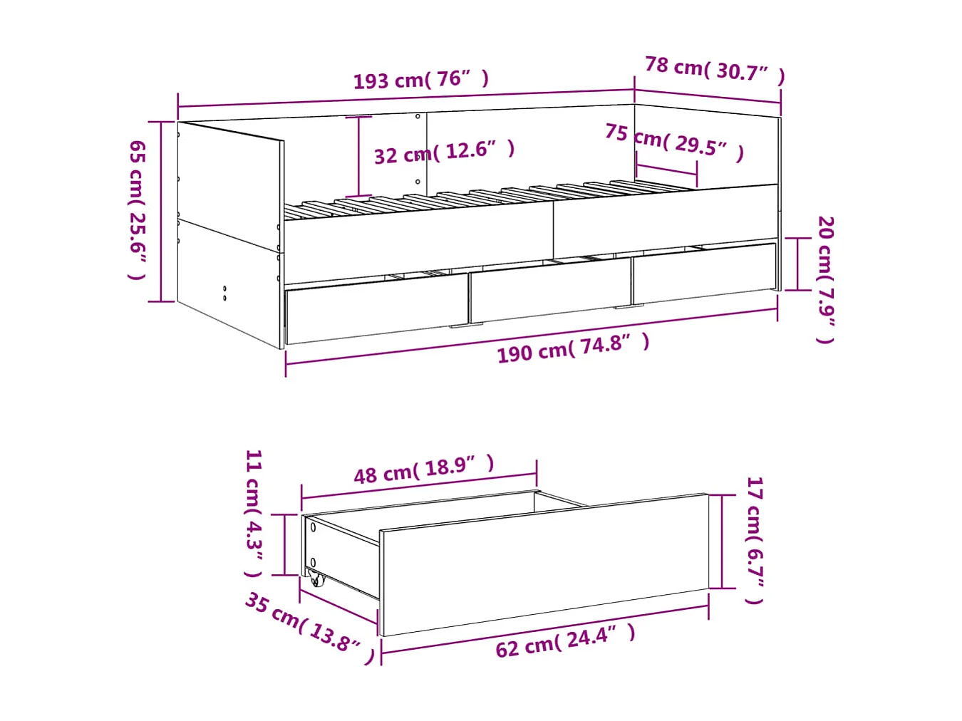 Divano Letto con Cassetti senza Materasso 75x190 cm