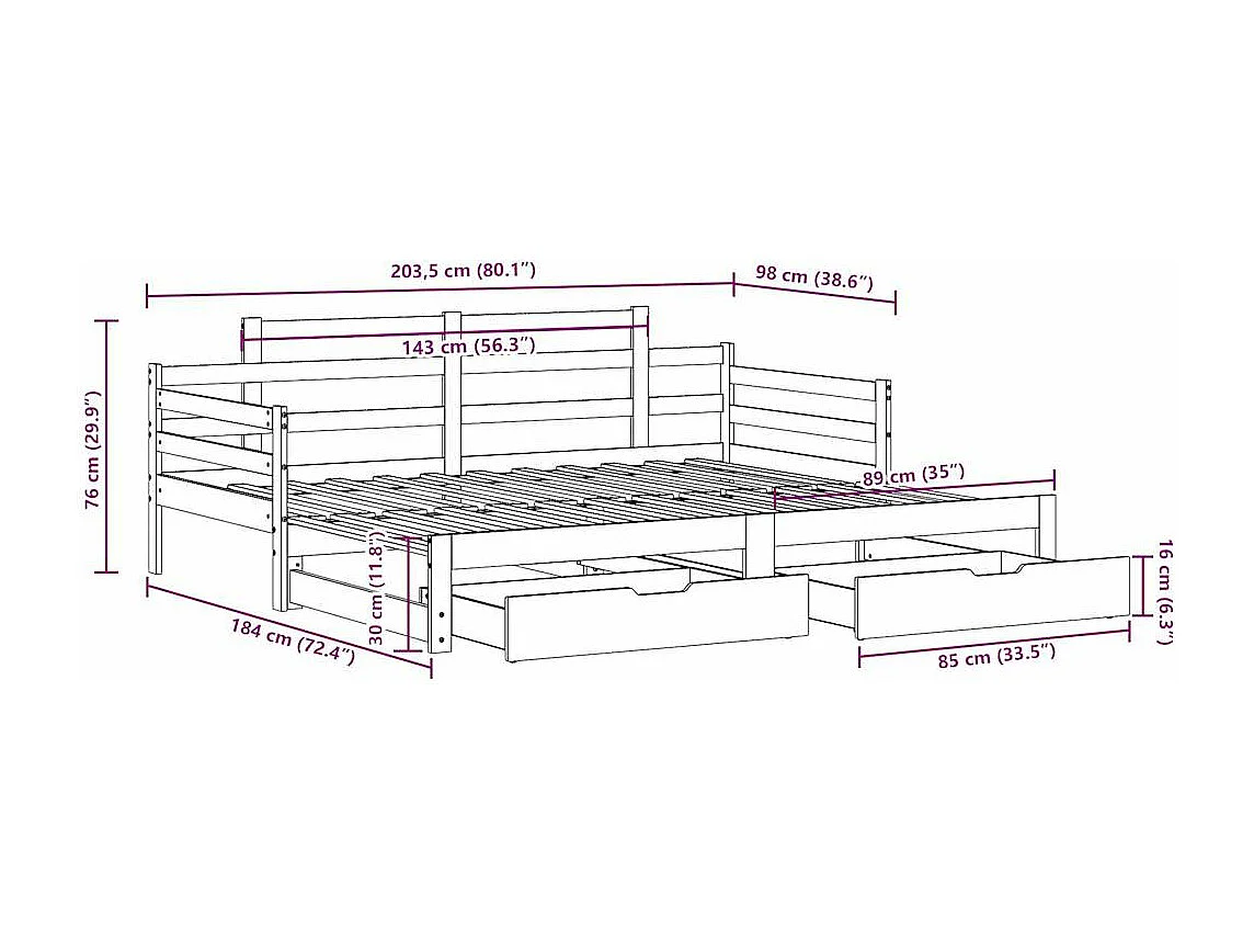 Letto Estraibile con Cassetti senza Materasso Bianco 90x200 cm