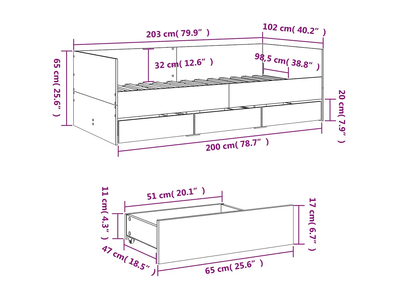 Divano Letto con Cassetti senza Materasso Bianco 100x200 cm