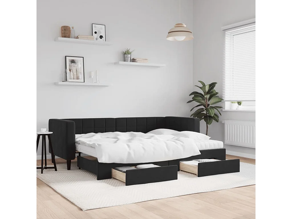 Divano Letto Estraibile con Cassetti Nero 80x200 cm in Velluto