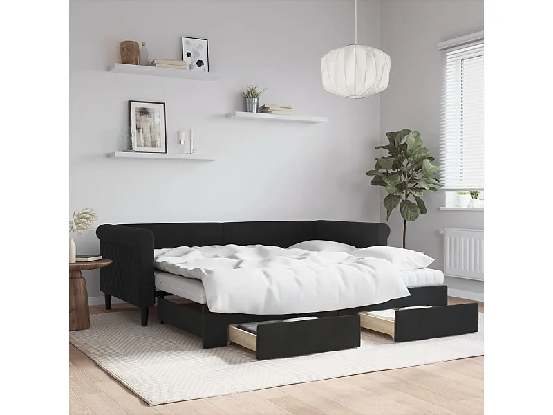 Divano Letto Estraibile con Cassetti Nero 90x190 cm in Velluto