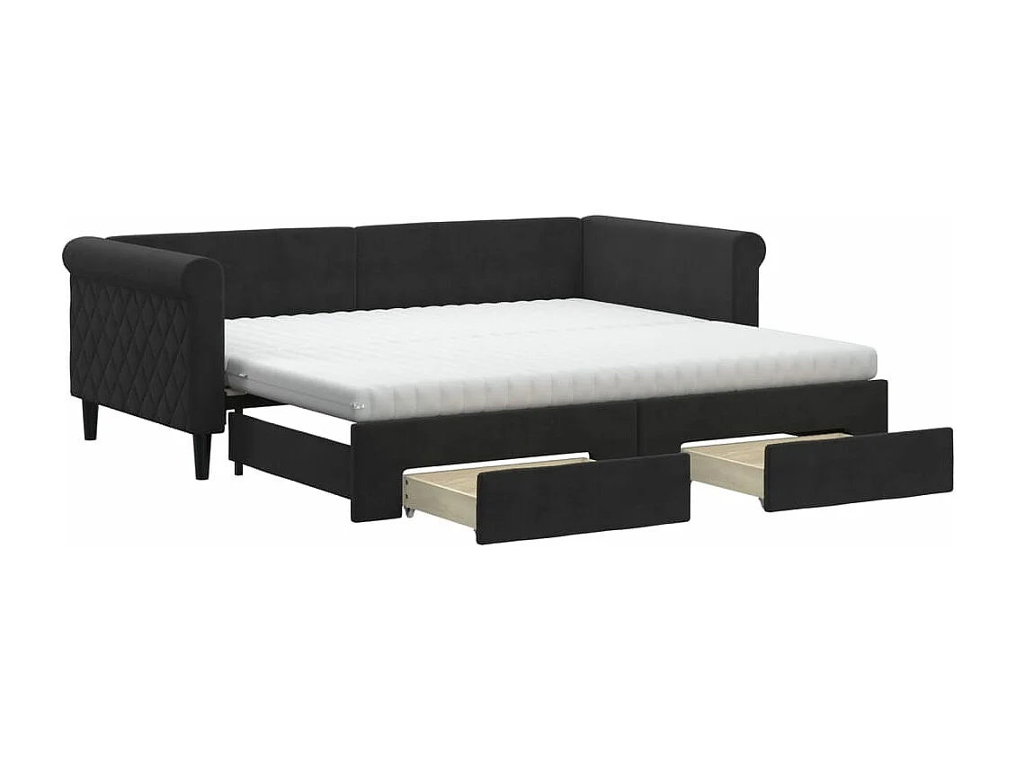 Slaapbank met onderschuifbed en lades 90x190 cm fluweel zwart