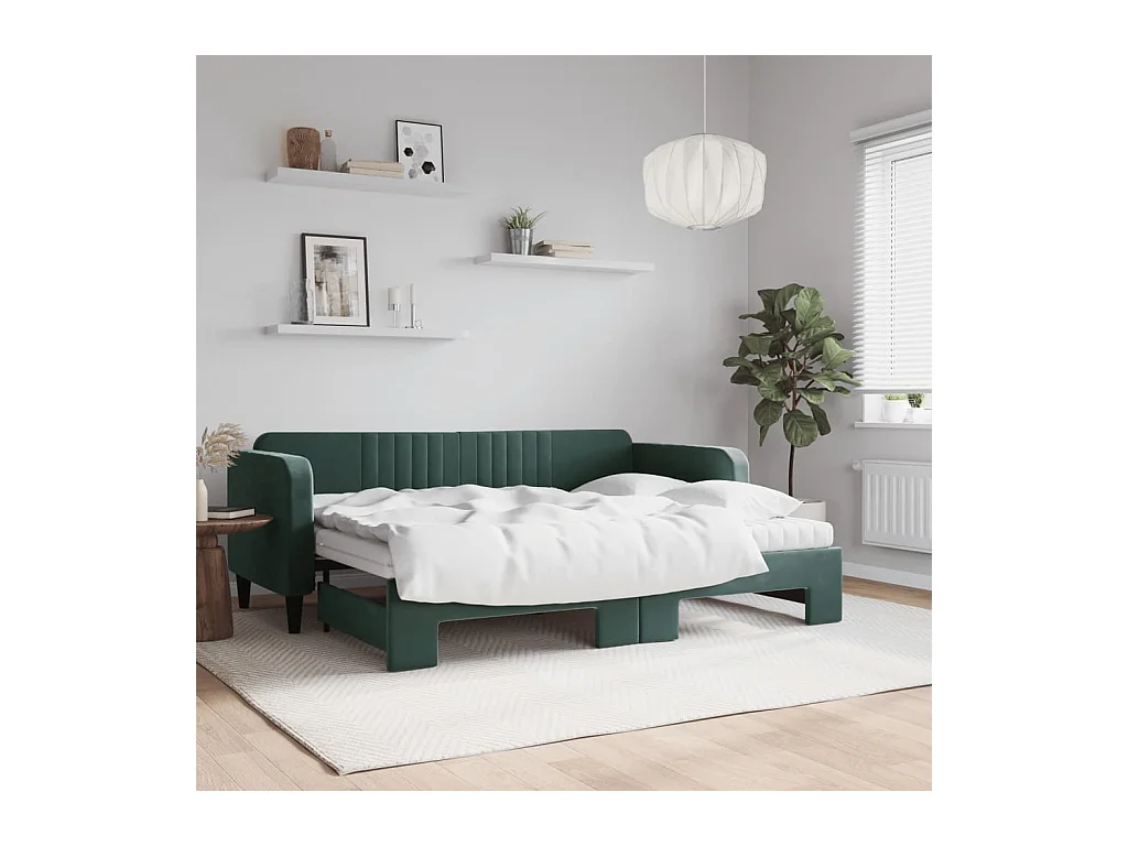 Lit de jour avec gigogne et matelas vert foncé 80x200cm velours