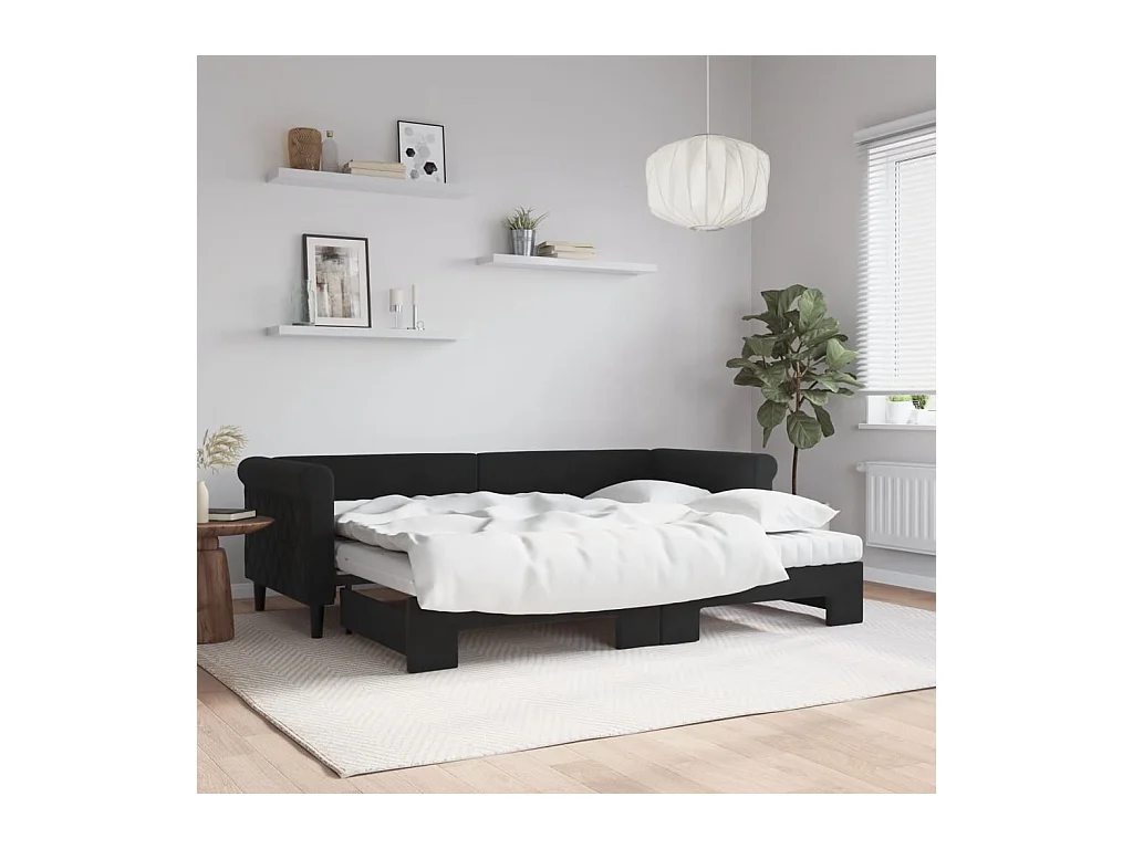 Slaapbank onderschuifbed en matrassen 80x200 cm fluweel zwart