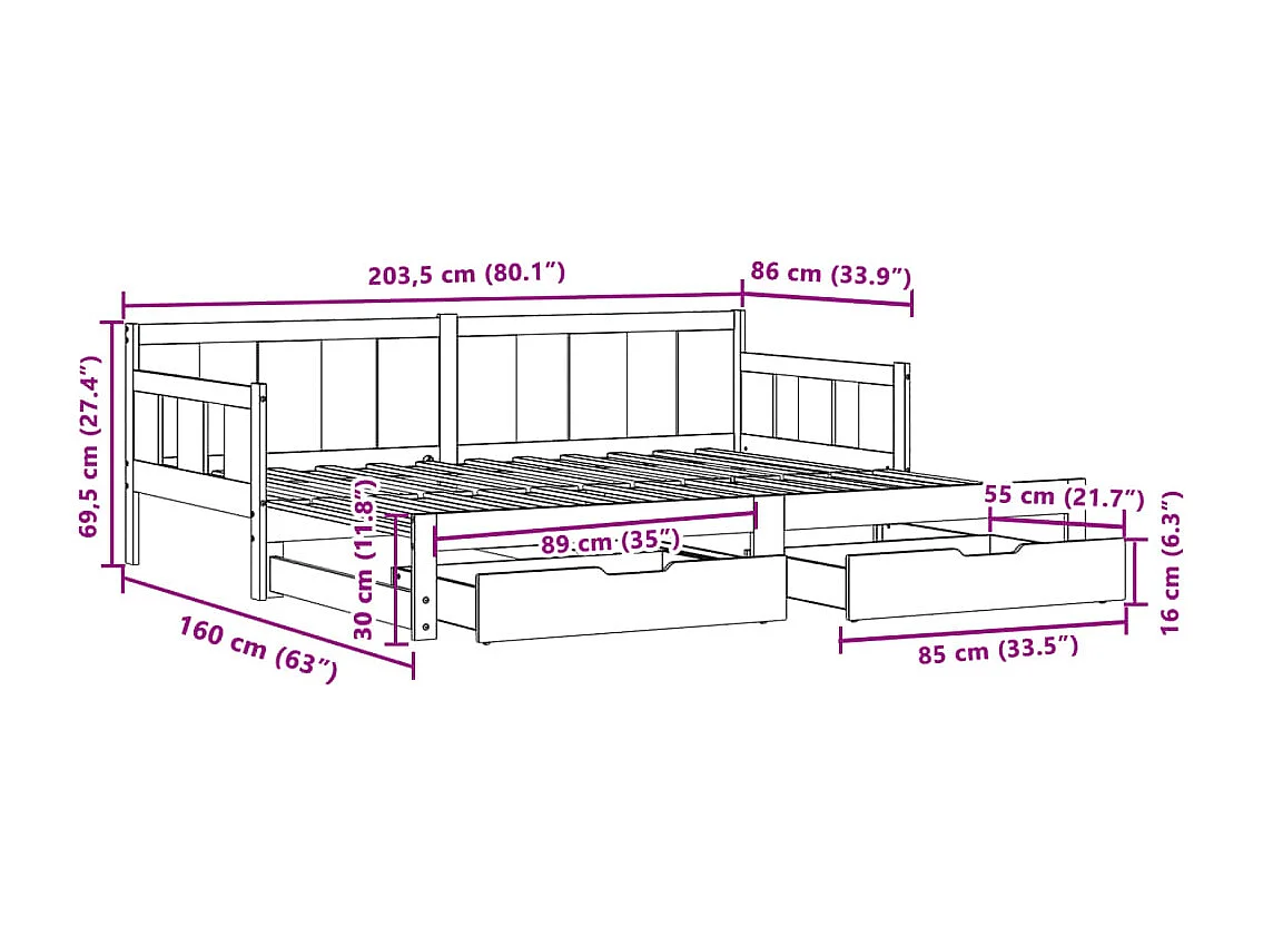 Letto Estraibile con Cassetti senza Materasso Bianco 80x200 cm