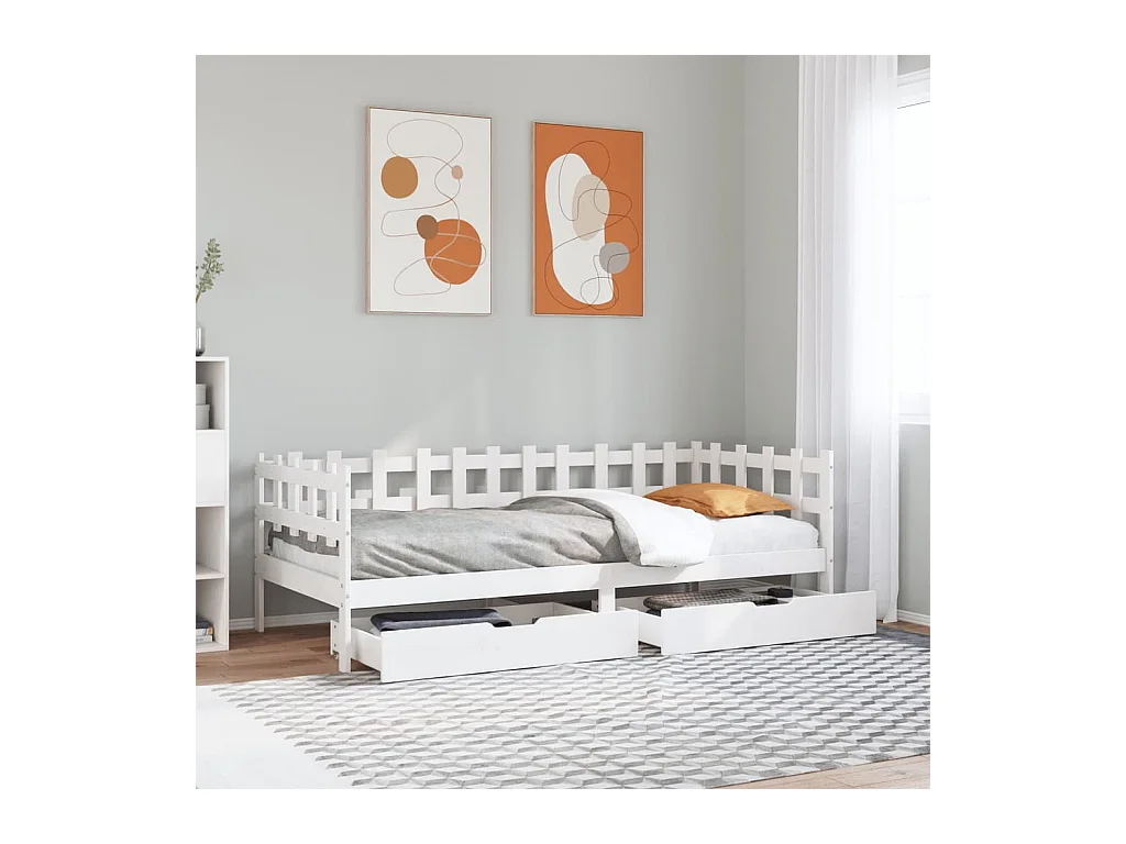 Lit de jour et tiroirs sans matelas blanc 90x190 cm bois massif