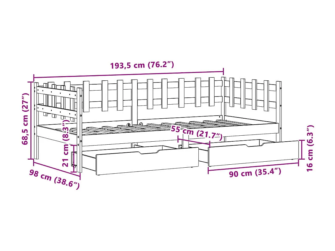 Lit de jour et tiroirs sans matelas blanc 90x190 cm bois massif