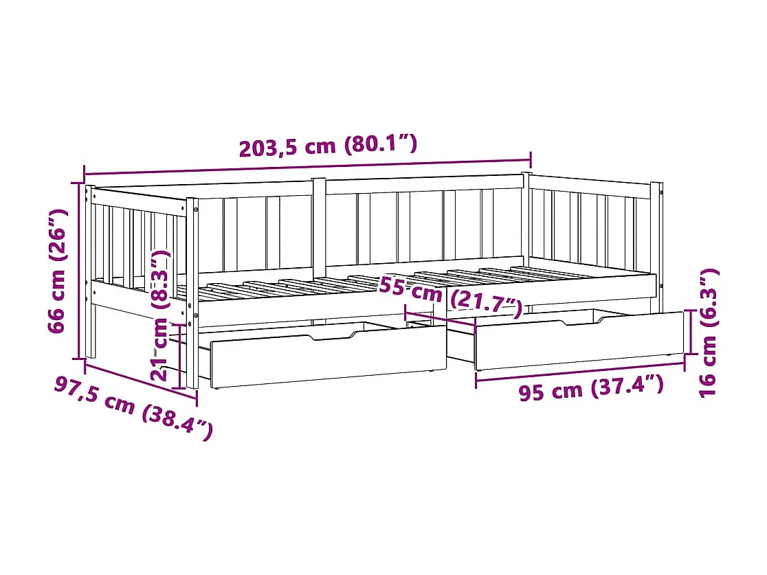 Dormeuse con Cassetti 90x200 cm Legno Massello Pino