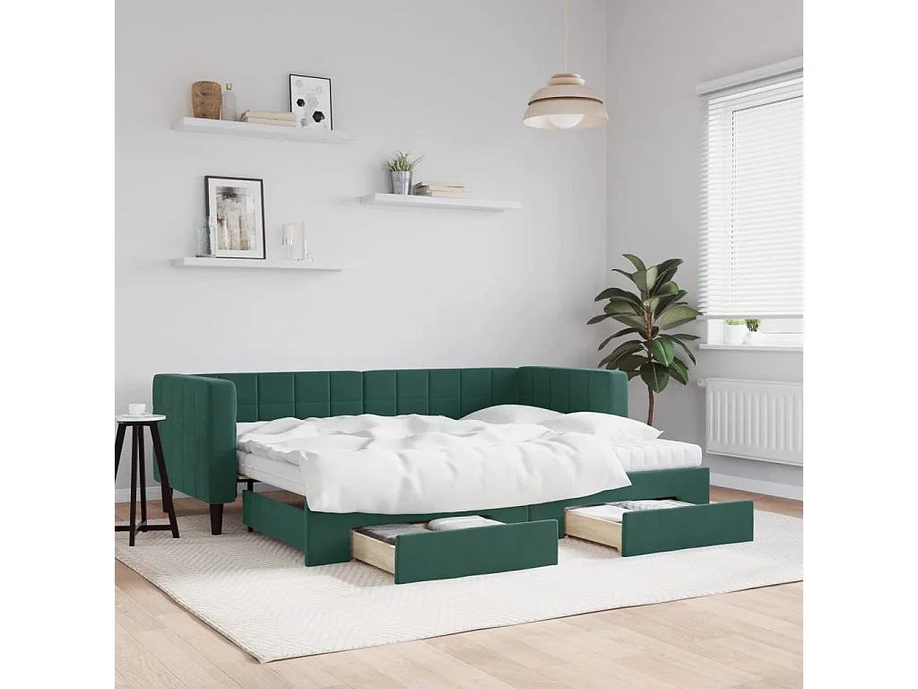 Divano Letto Estraibile Cassetti Verde Scuro 80x200cm Velluto