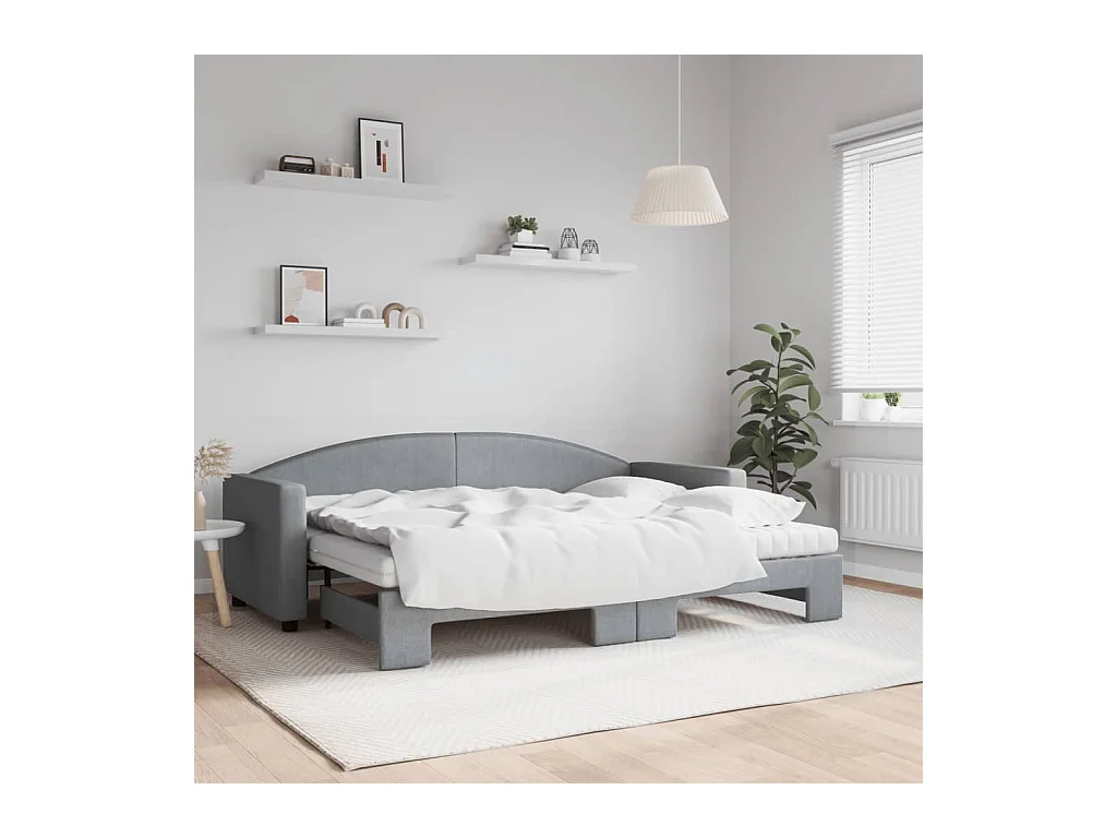 Lit de jour avec gigogne et matelas gris clair 80x200 cm tissu