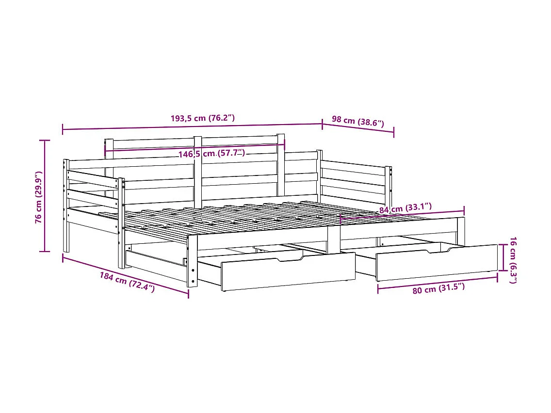 Lit de jour avec gigogne et tiroirs sans matelas blanc 90x190cm