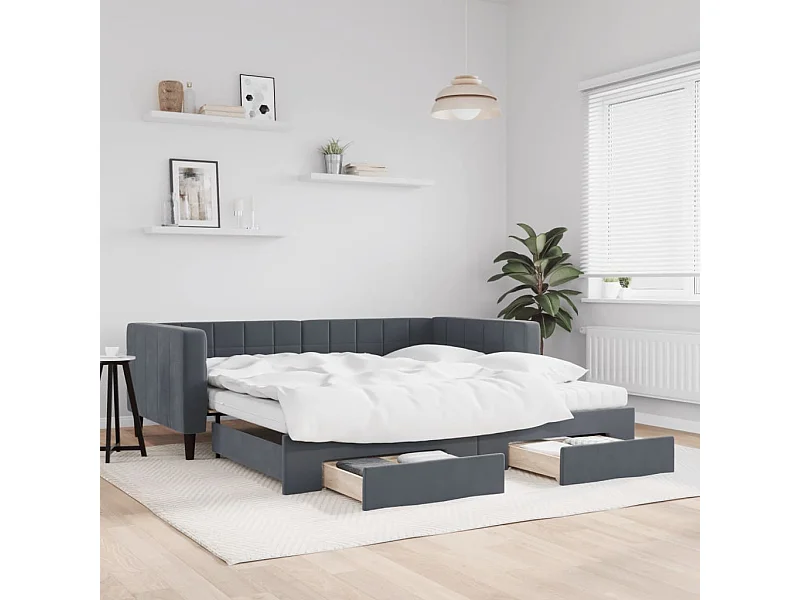 Divano Letto Estraibile Cassetti Grigio Scuro 100x200cm Velluto