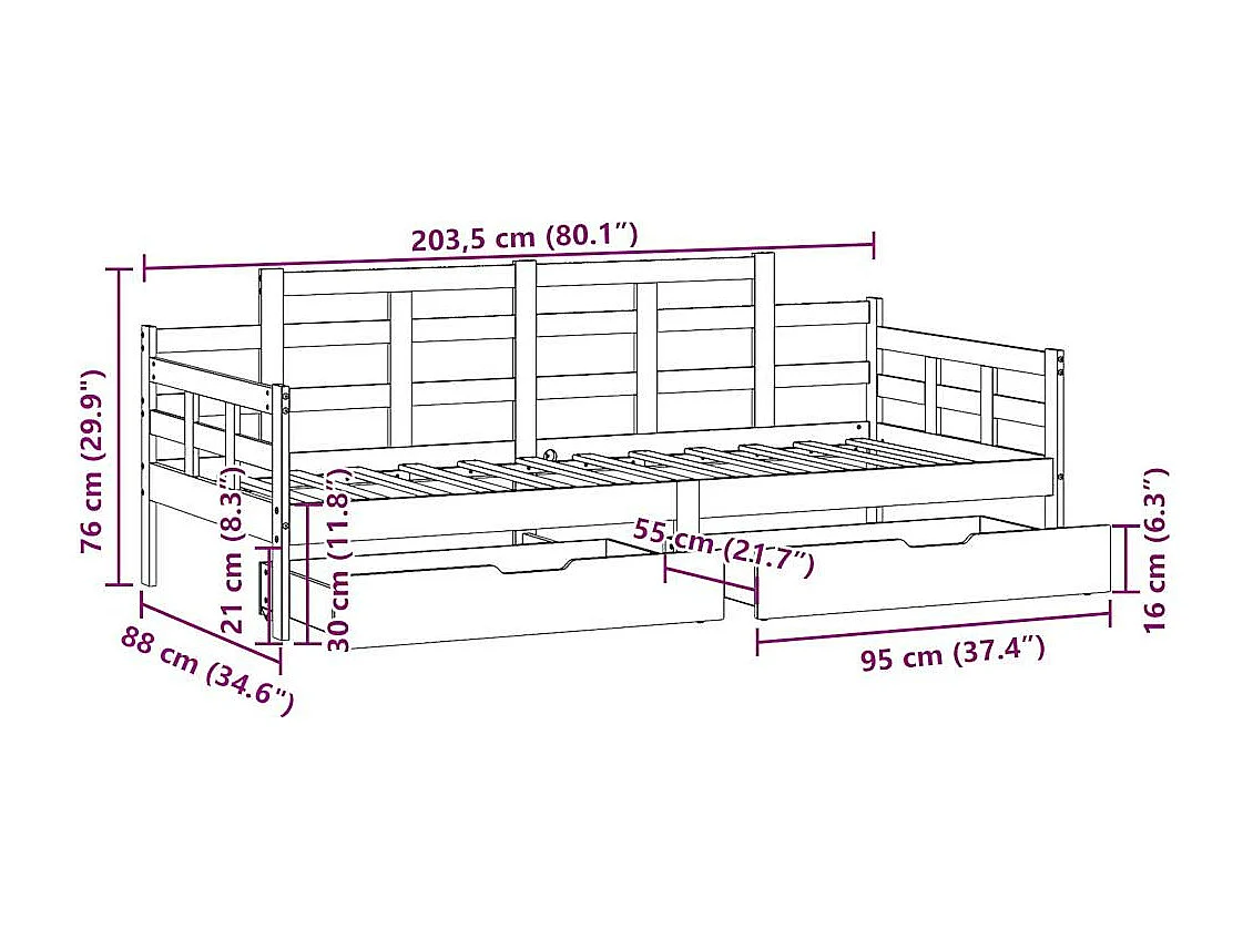 Lit de jour et tiroirs sans matelas blanc 80x200 cm bois massif
