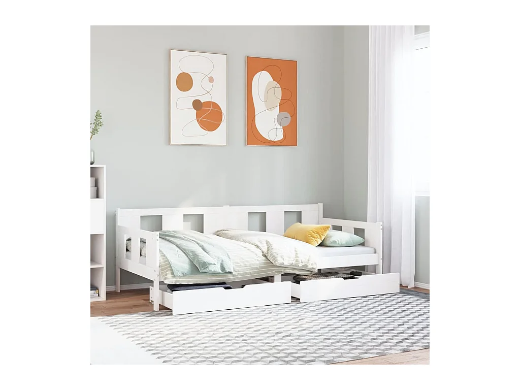 Lit de jour et tiroirs sans matelas blanc 90x190 cm bois massif