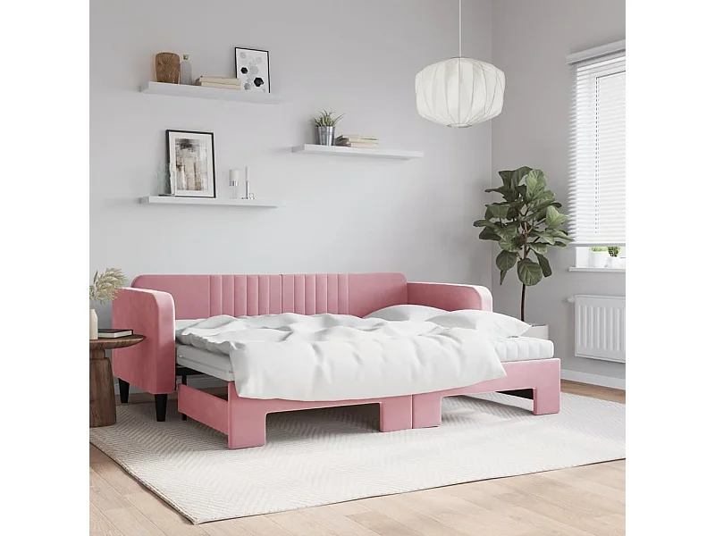Slaapbank onderschuifbed en matrassen 80x200 cm fluweel roze