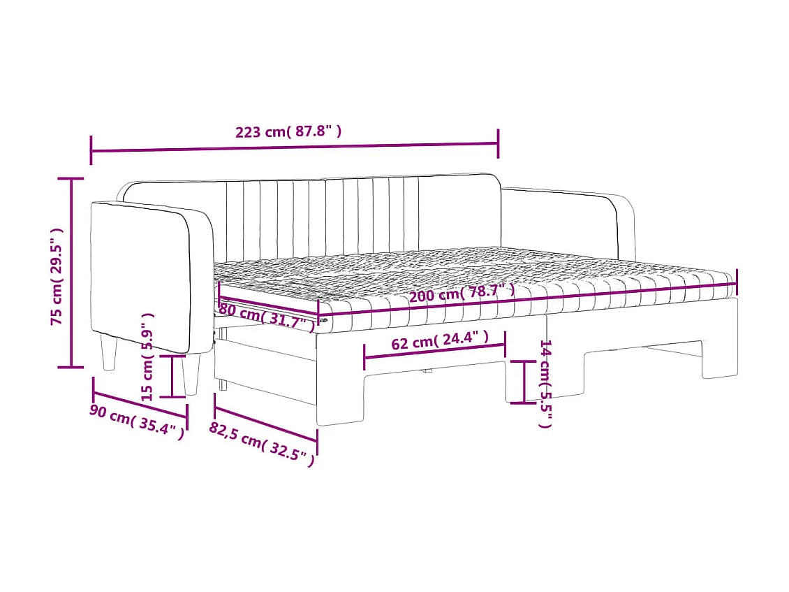 Lit de jour avec lit gigogne et matelas rose 80x200 cm velours