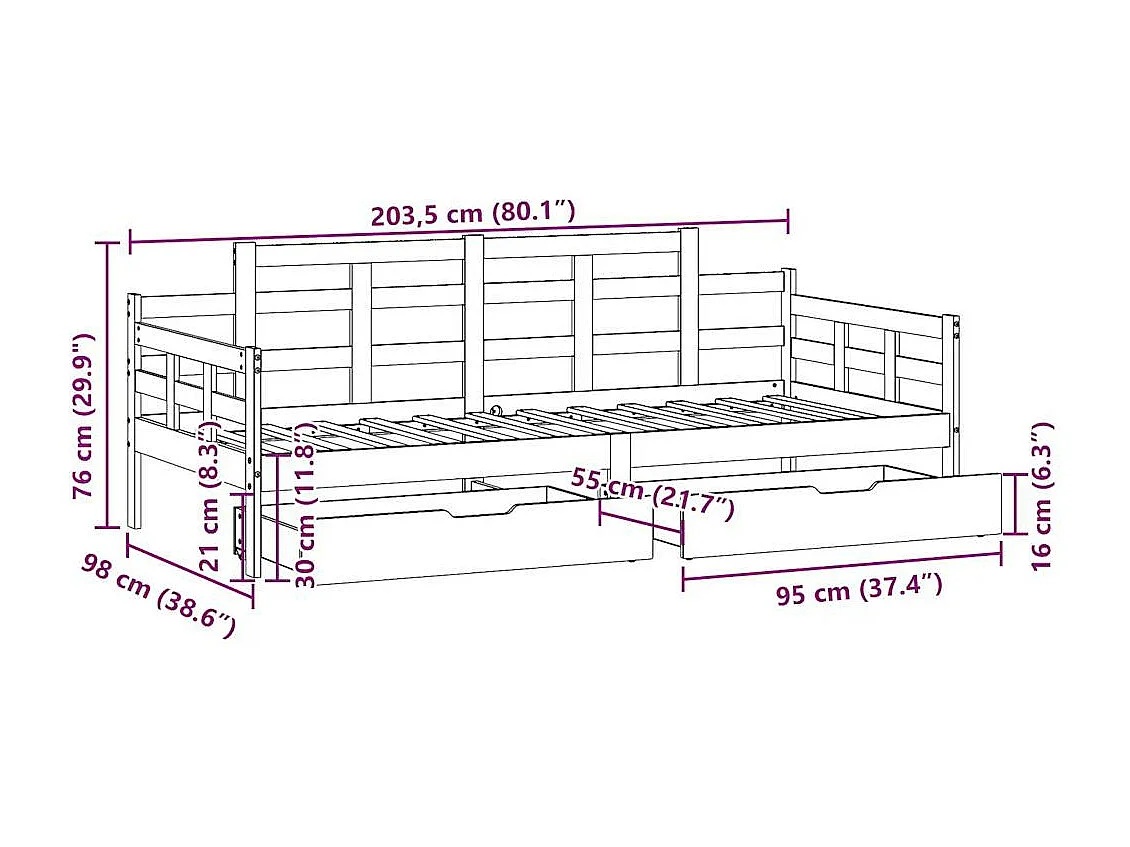 Lit de jour avec tiroirs sans matelas 90x200 cm bois massif