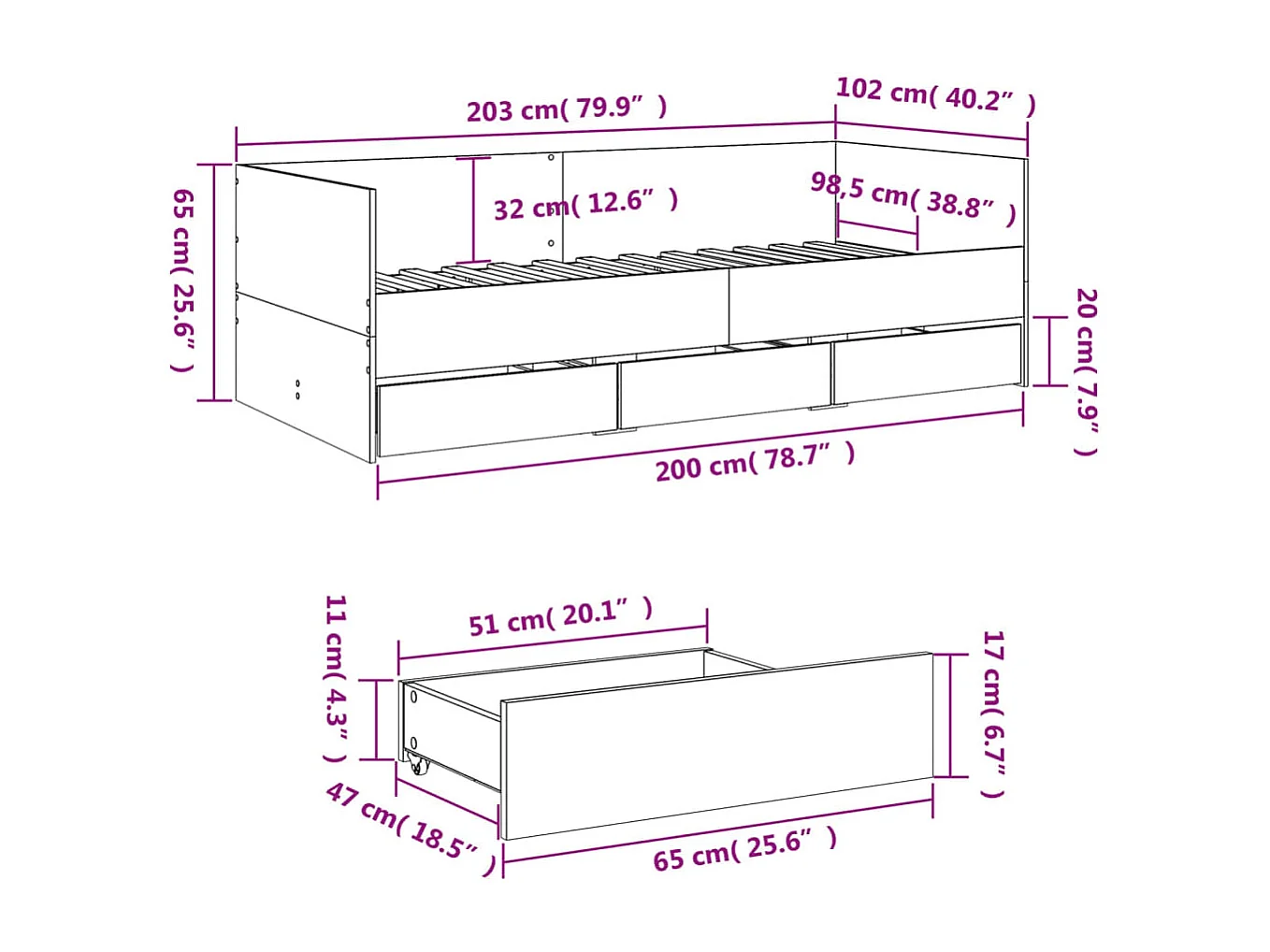 Divano Letto con Cassetti senza Materasso Rovere Fumo 100x200cm