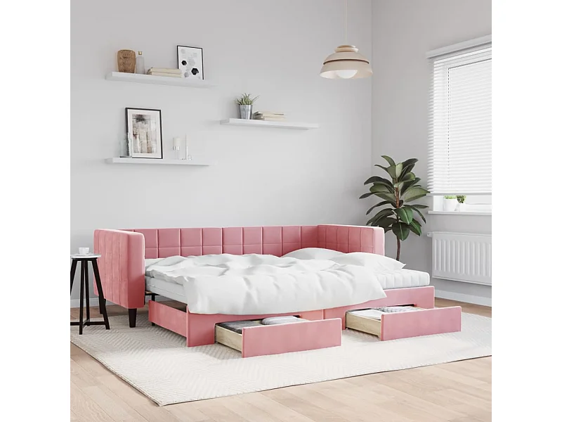 Lit de jour avec gigogne et tiroirs rose 80x200 cm velours