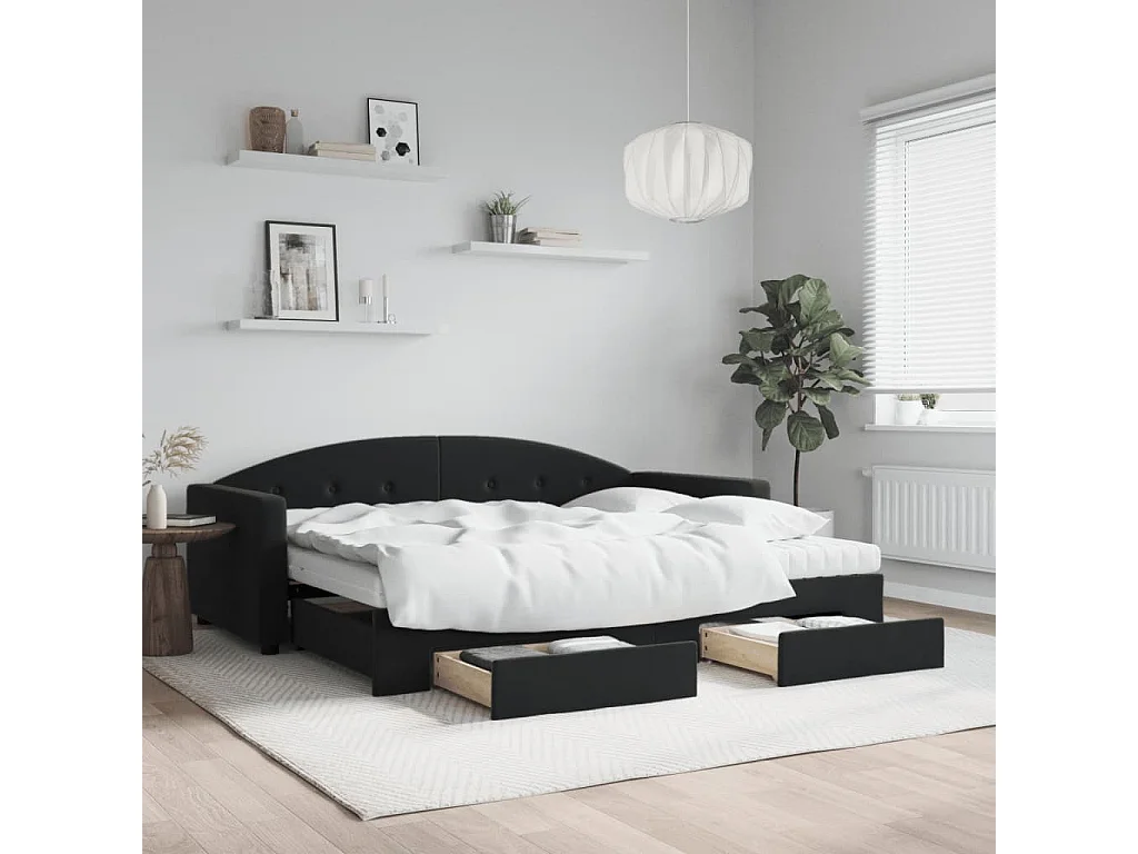 Divano Letto Estraibile con Cassetti Nero 90x190 cm in Velluto