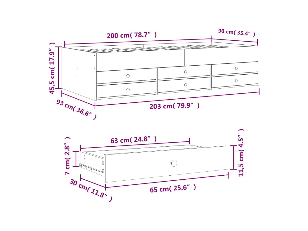 Slaapbank met lades zonder matras 90x200 cm betongrijs