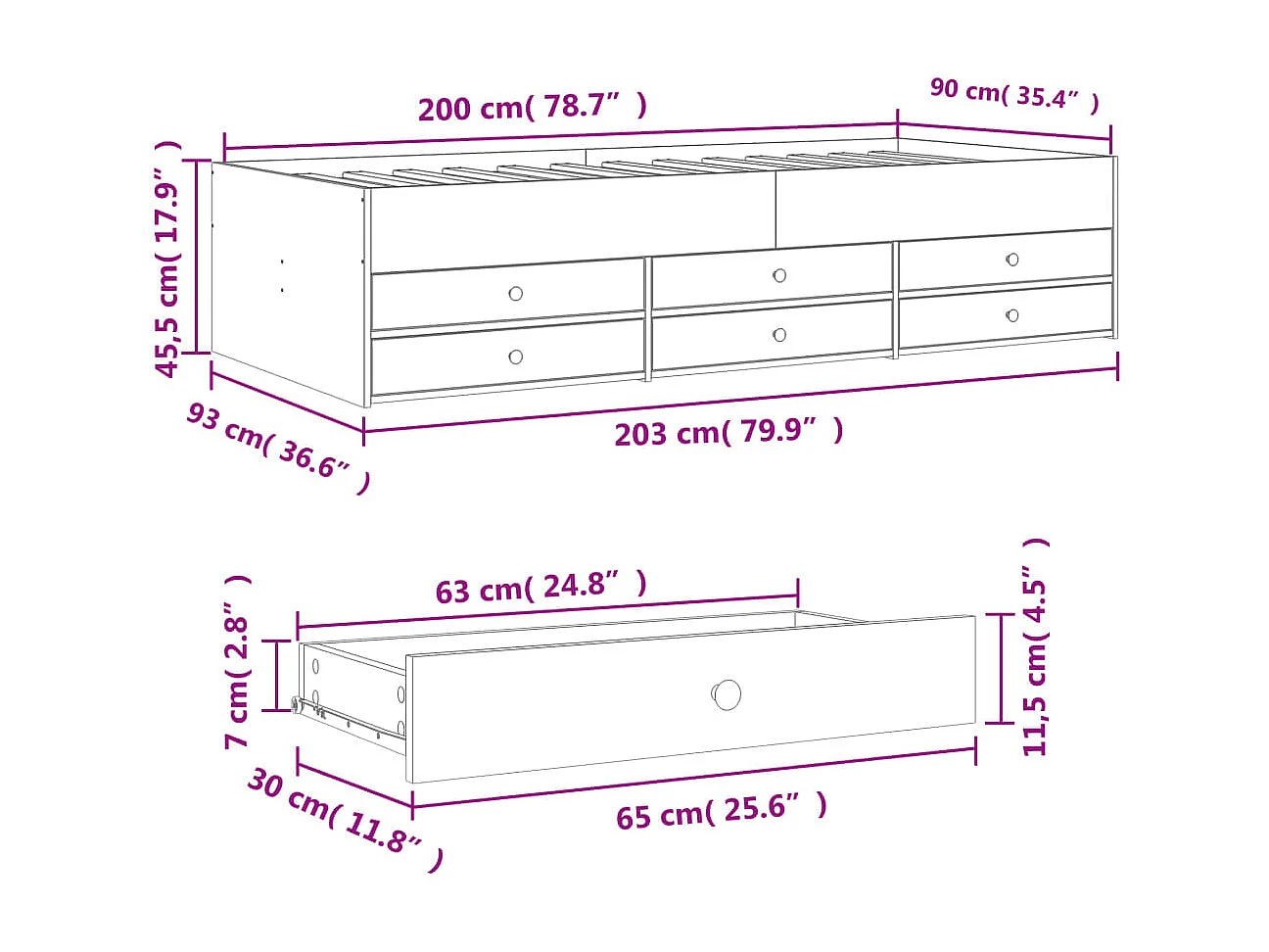 Slaapbank met lades zonder matras 90x200 cm betongrijs