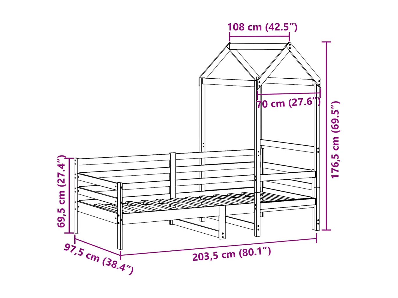 Lit de jour avec toit sans matelas 90x200 cm bois massif