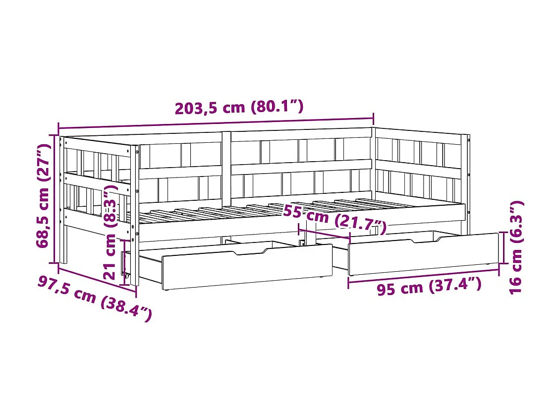 Tagesbett mit Schubladen ohne Matratze 90x200 cm Massivholz