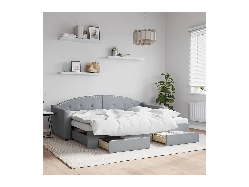 Divano Letto Estraibile Cassetti Grigio Chiaro 80x200cm Tessuto