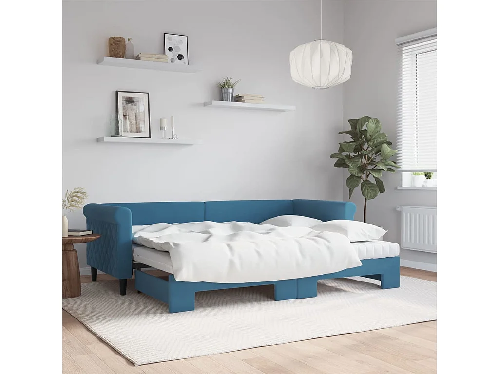 Slaapbank onderschuifbed en matrassen 80x200 cm fluweel blauw