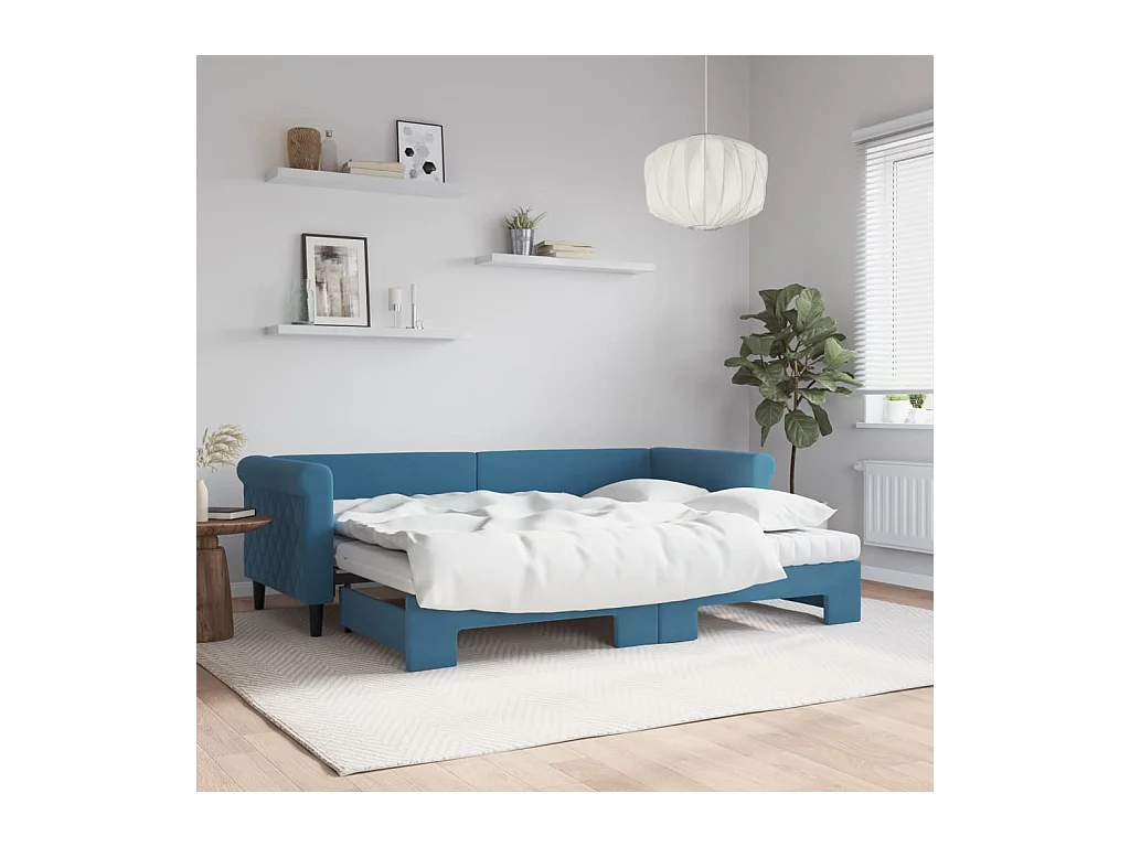 Lit de jour avec lit gigogne et matelas bleu 80x200 cm velours