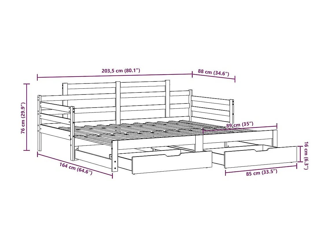 Lit de jour avec gigogne et tiroirs sans matelas blanc 80x200cm