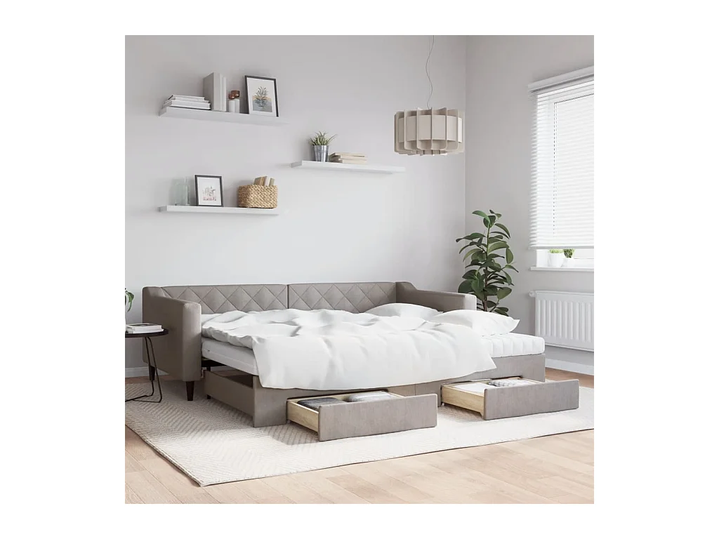 Lit de jour avec gigogne et tiroirs taupe 90x200 cm tissu