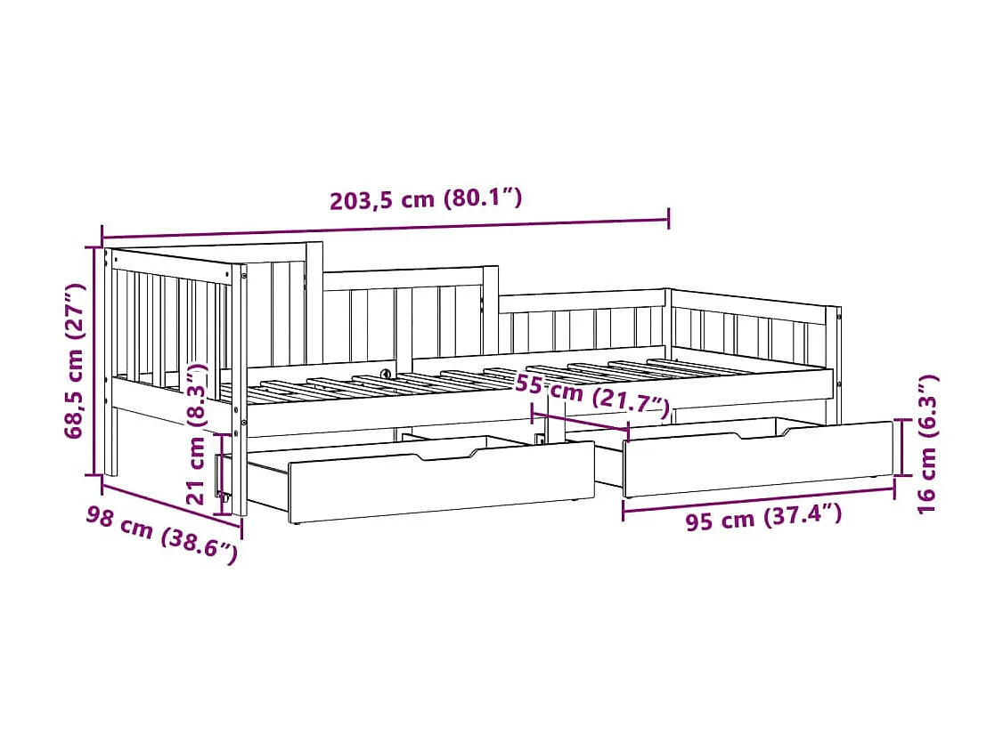 Lit de jour avec tiroirs sans matelas 90x190 cm bois massif