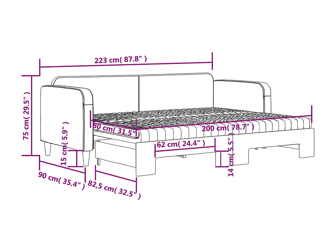 Lit de jour avec gigogne et matelas taupe 80x200 cm tissu