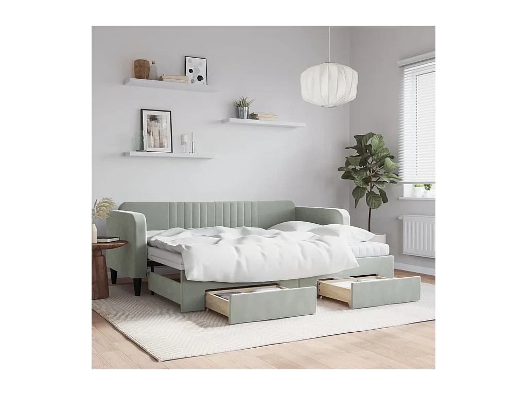 Slaapbank onderschuifbed en lades 80x200 cm fluweel lichtgrijs